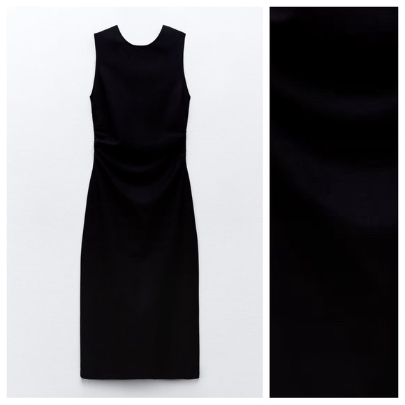 NWT. Zara Black Draped Side Fitted Midi Dress. Size XL. - Picture 5 of 9